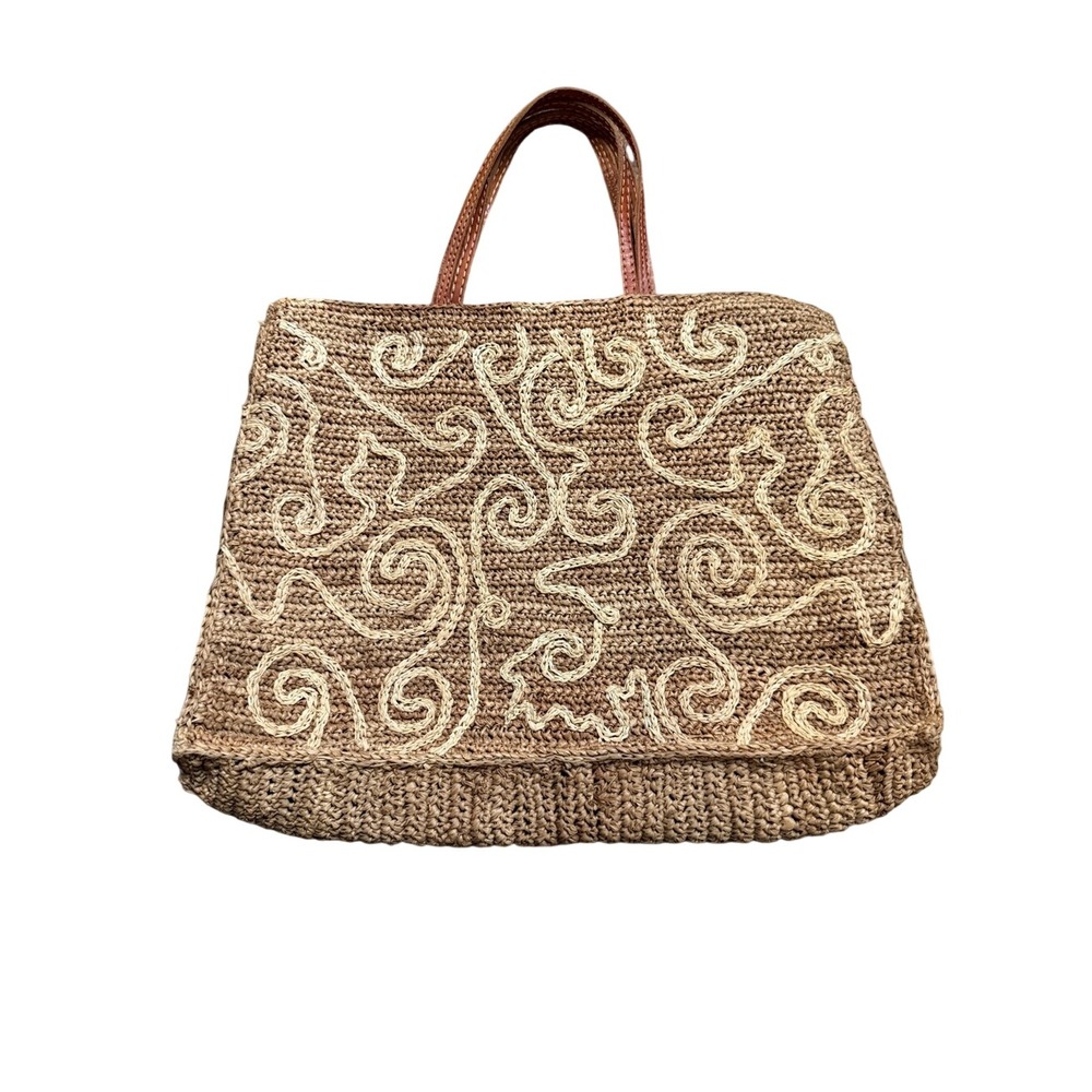 Unbranded Tan Straw Woven Tote Bag Swirl Boho Crochet Shoulder Purse Medium‎